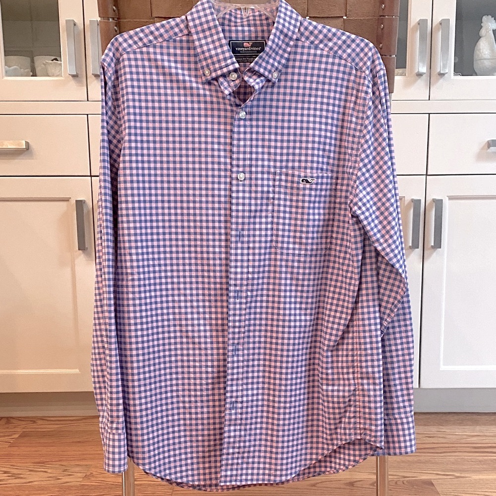 Vineyard Vines Blue/Pink Checked Performance Classic Fit Tucker Shirt